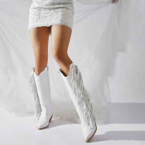 Cowgirl Fringe Boots For Women White Tassels Cowboy Boots Knee High Pointed Toe Western Boots