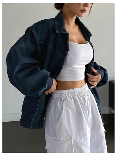 41jaRoBhEcL.jpg Women's Zip Up Denim Jacket Long Sleeve Oversized Jean Jacket Outerwear