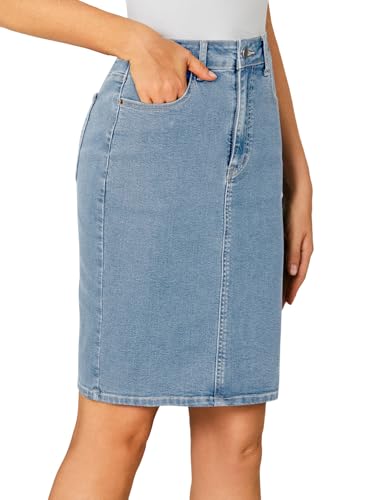 Women's Casual Stretch High Waist Back Slit Denim Jean Knee Length Skirt