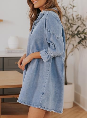41l7Fn-pozL.jpg Womens Smocked 3 4 Sleeve Button Down Denim Jeans Dresses