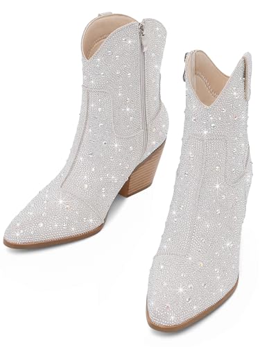 Cowgirl Ankle Boots Cowboy Boots for Women Western Booties Rhinestone Chunky Heel Fashion Comfortable Side Zipper