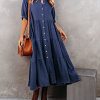 Women's Summer Cotton Half Sleeves Button Down Casual Loose Slit Midi Dress with Pockets