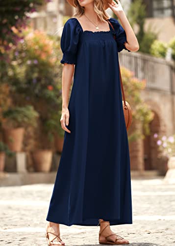 41mO3nFVpZL.jpg Women 2025 Summer Maxi Dress Casual Loose Puff Sleeve Square Neck Maternity Flowy Long Beach Dresses with Pockets