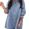 41mdoENtN5L.jpg Womens Smocked 3 4 Sleeve Button Down Denim Jeans Dresses