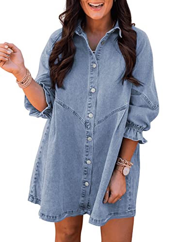 41mdoENtN5L.jpg Womens Smocked 3 4 Sleeve Button Down Denim Jeans Dresses