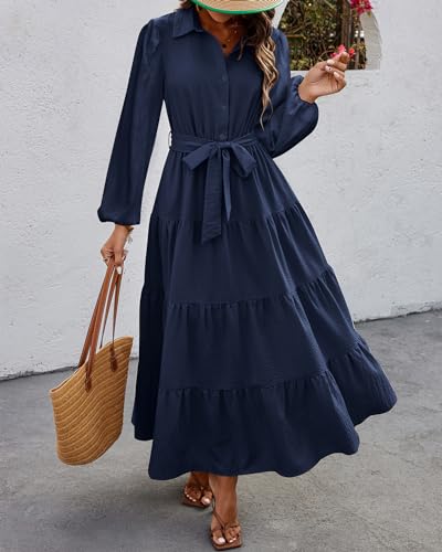 Women's Long Sleeve Dress 2025 Button Down Belted A-Line Flowy Fall Outfits Ruffle Maxi Holiday Party Dresses