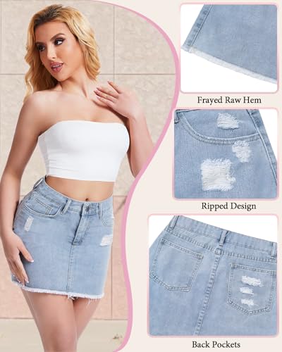 Casual Jean Skirts for Women Denim Mini Skirt Ripped Mid Waist Jean Skirt Frayed Raw Hem Denim Skirts