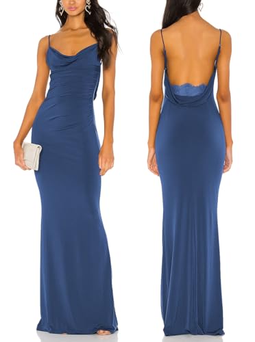 Women Spaghetti Straps Mermaid Evening Gown Wedding Guest Dress Drape Neck Lace Backless Formal Maxi Dress 21