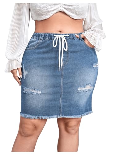 Women's Plus Size Denim Skirt High Waisted Elastic Drawstring Waist Raw Hem Ripped Vintage Short Jean Skirt
