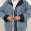 Women's Oversized Long Sleeve Denim Jacket Casual Loose Fit Zip Up Jean Quilted Jackets Coat with Pockets