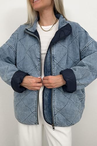 Women's Oversized Long Sleeve Denim Jacket Casual Loose Fit Zip Up Jean Quilted Jackets Coat with Pockets