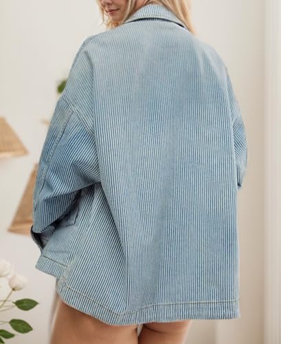 Women's Striped Denim Jackets Casual Long Sleeve Fall Jean Outfits Boyfriend Denim Coat with Pockets