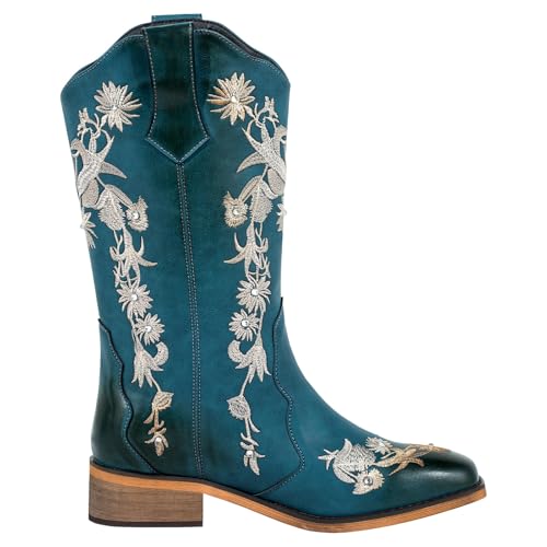 Women's Floral Rhinestones Square Toe Cowboy Boots Western Country Wedding Cowgirl Boots Wide Calf