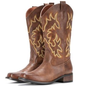 Cowboy Boots For Women Square Toe Cowgirl Boots Mid Calf Western Boots Pull On Fashion Cowboy Boots