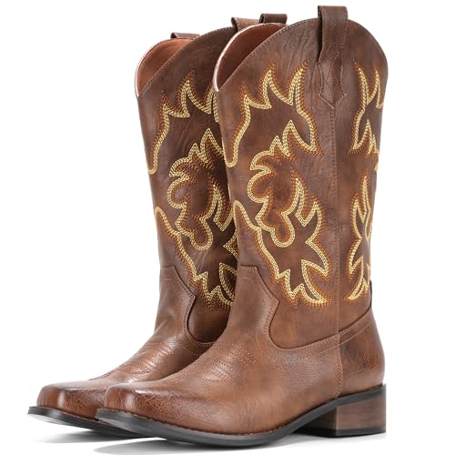 Cowboy Boots For Women Square Toe Cowgirl Boots Mid Calf Western Boots Pull On Fashion Cowboy Boots