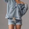 Women's Button Up Sweatshirt Denim Hoodie Oversized Pullover Jacket Jean Tops Casual Boyfriend Jackets