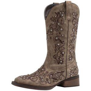 Women's Cowboy Boots Square Toe Rhinestone Mid Calf Floral Western Boot Fashion Cowgirl Shoes