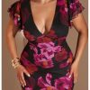 Women's Plus Size Floral Maxi Dress V Neck Ruffle Short Sleeve Bodycon Vacation Mesh Dresses