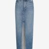 Women’s Maxi Denim Skirt – High Waisted Stretch Jean Skirt with Front Slit – Medium Wash