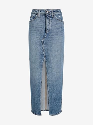Women’s Maxi Denim Skirt – High Waisted Stretch Jean Skirt with Front Slit – Medium Wash