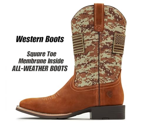 Cowboy Boots For Men - Mens Square Toe Western Boot With Flag,Oil/Slip Resistant,Durable Fashionable Classic Pull on 10 Inch