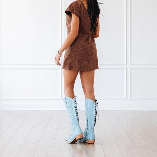 Knee High Cowboy Boots for Women Pointed Toe Side Zipper Cowgirl Boots Women's Back Lace up Chunky Heel Western shoes