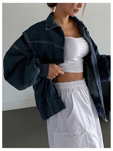 41t4QQycGOL.jpg Women's Zip Up Denim Jacket Long Sleeve Oversized Jean Jacket Outerwear