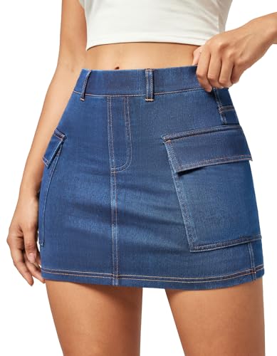 41tkHmtjyJL.jpg Jean Skirts for Women Denim High Stretch Cargo Skirt with Shorts Denim Skort Mini Jean Skort Y2k Skirt with Pockets