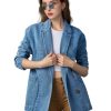 Womens Long Denim Jacket Button Up Blazer Oversized Notched Lapel Casual Jean Shacket Coat