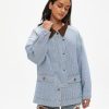 Women's Jean Jacket Oversized Striped Denim Jacket Long Sleeve Button Down Fashion Fall Shacket Barn Coat 2024