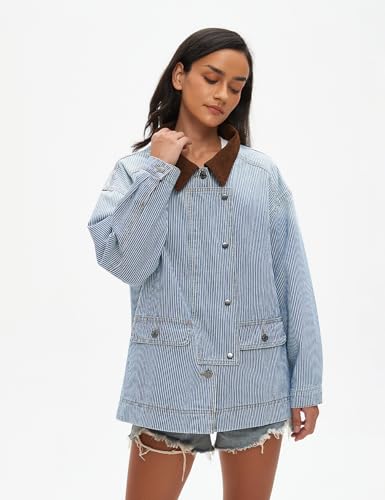 Women's Jean Jacket Oversized Striped Denim Jacket Long Sleeve Button Down Fashion Fall Shacket Barn Coat 2024