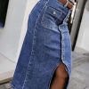 Straight High Rise Vintage Embroidered Botton Fly Split Thigh Midi Denim Skirt