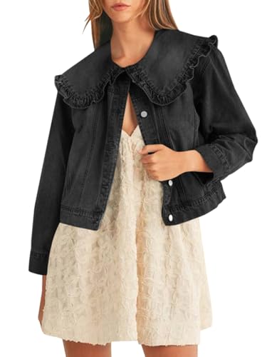 Takaneo Womens Denim Jacket Peter Pan Collar Cute Cropped Long Sleeve Shirts Jean Coat with Pockets