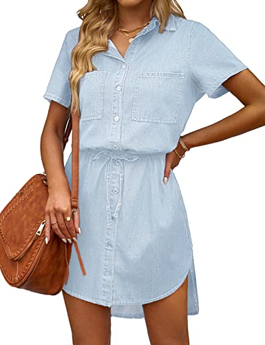 41uY67x8FL.jpg Women Casual Denim Dress Short Sleeve Tie Waist Classic Jean Shirt Dress