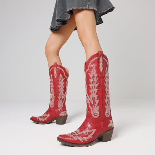 Cowboy Boots for Women Cowgirl Boots Knee High Western Boots w/Classic Embroidered Pointed Toe Slip-On Chunky Heel Pull On Retro