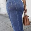 Straight High Rise Vintage Embroidered Botton Fly Split Thigh Midi Denim Skirt