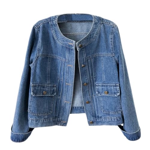 Women’s Collarless Long Sleeve Denim Jacket Round Neck Button Down Jean Jackets