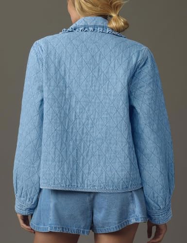 Womens Denim Jacket Casual Long Sleeve Peter Pan Collar Denim Shirts Tie Front Shacket Loose Fit Top
