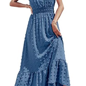 Womens Dresses 2025 Summer Maxi Dress Boho Short Sleeve V Neck Swiss Dot Ruffle Tiered Smocked Flowy Long Dress