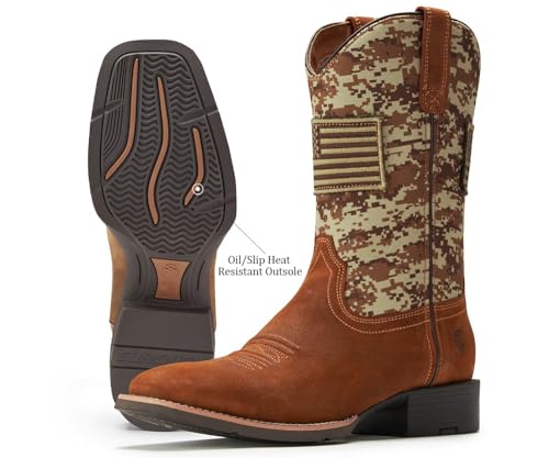 Cowboy Boots For Men - Mens Square Toe Western Boot With Flag,Oil/Slip Resistant,Durable Fashionable Classic Pull on 10 Inch