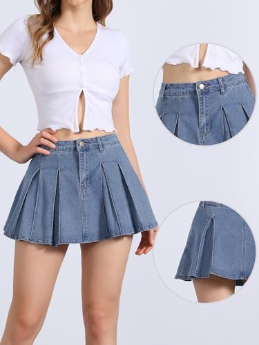Pleated Denim Skirt for Women's Casual A-Line High Waist Short Mini Jean Skirts