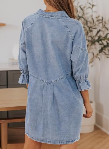 41ys3PlUJaL.jpg Womens Smocked 3 4 Sleeve Button Down Denim Jeans Dresses