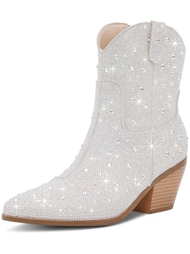 Cowgirl Ankle Boots Cowboy Boots for Women Western Booties Rhinestone Chunky Heel Fashion Comfortable Side Zipper