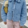 Womens Denim Jacket Casual Long Sleeve Peter Pan Collar Denim Shirts Tie Front Shacket Loose Fit Top