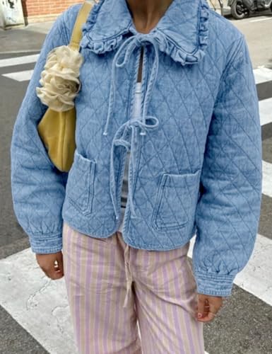 Womens Denim Jacket Casual Long Sleeve Peter Pan Collar Denim Shirts Tie Front Shacket Loose Fit Top