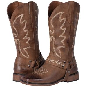 Ladies Fashion Strap Cowboy Boots for Women Square Toe Mid Calf Western Cowgirl Boots