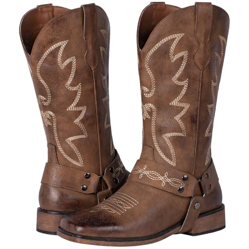 Ladies Fashion Strap Cowboy Boots for Women Square Toe Mid Calf Western Cowgirl Boots