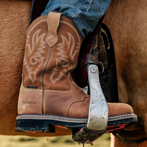 NINGO Men's Western Cowboy Boots Waterproof Square Toe Steel/Soft Toe Work Boots Comfortable Men's Slip On Pull On Safety Toe