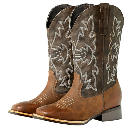 Extra Wide Calf Cowboy Boots for Women - Square Toe & Classic Stitching with Earth Tones, Removable Cushion Insoles | Roomy