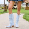 Women Cowboy Boots Faux Suede Embroidered Pointed Thick Heeled Western Wide Calf Cowgirl Ponited Toe Mid Calf Boots